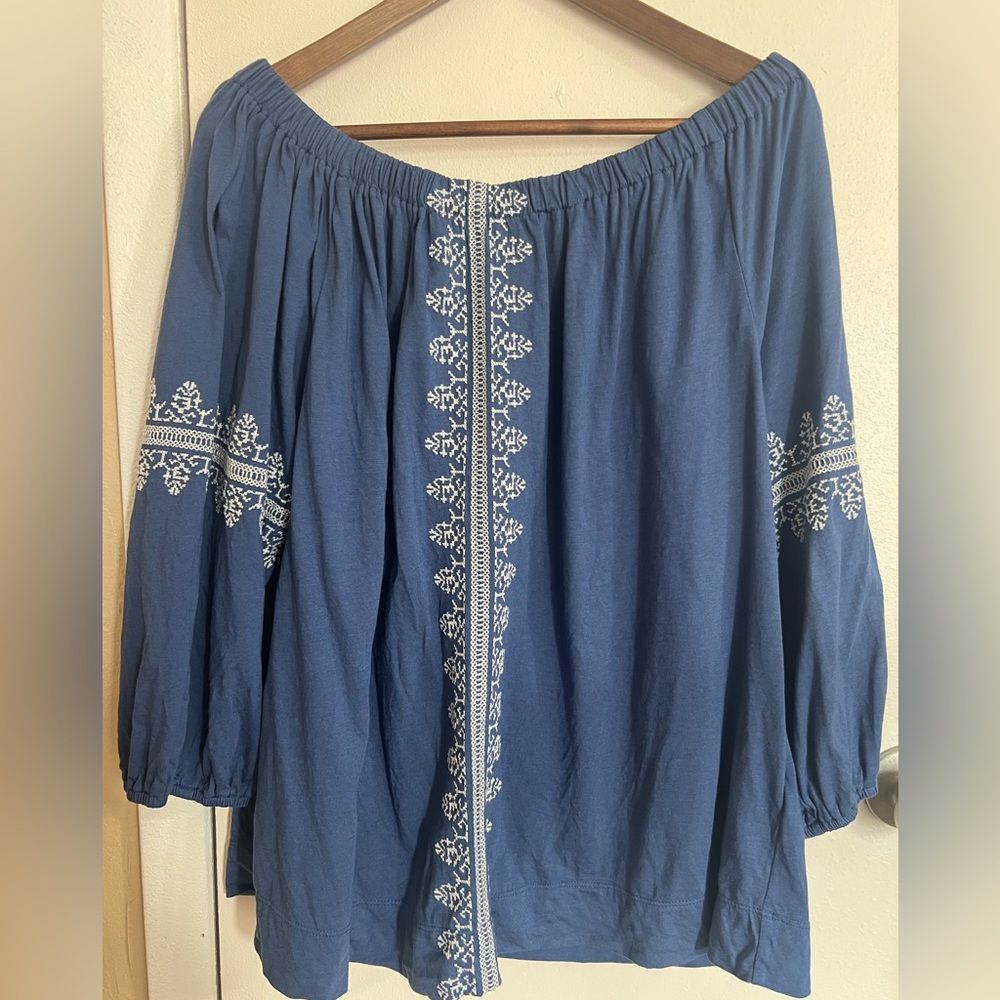 Chaps Blue Blouse with White Embroidery SzL BohoChic CottageGirl WesternChic